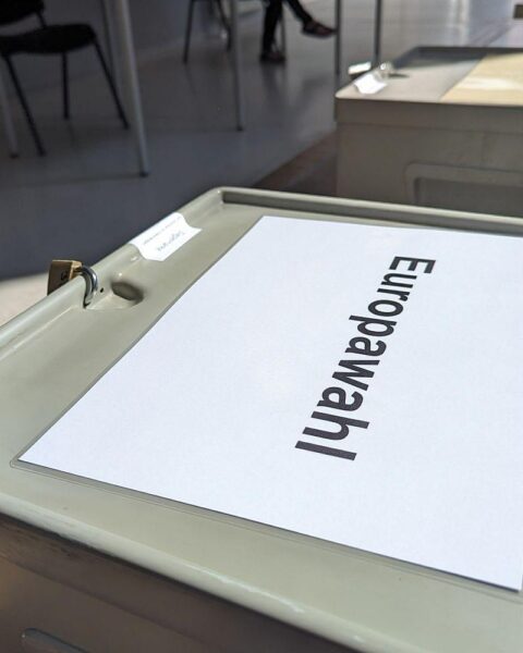 Wahllokal mit Wählern, Symbol für Europawahlen und politische Diskussionen über Parteieinfluss.