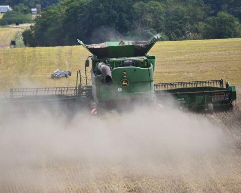 Mähdrescher auf einem Feld, Symbol für Investitionen in Landwirtschaft und ländliche Entwicklung in Bayern.