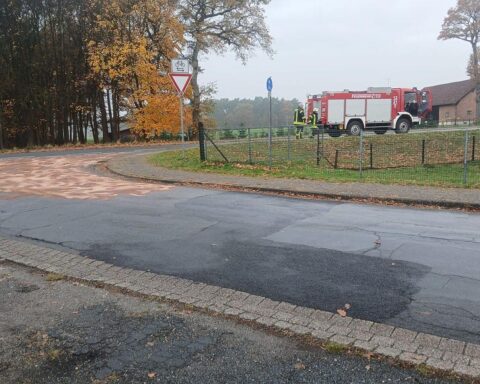 Freiwillige Feuerwehr beseitigt Ölspur auf Straße, Warnschilder und abgestreute Fläche sichtbar.