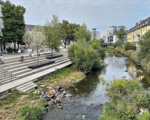 Düsseldorfer Stadtansicht, symbolisiert Klimaanpassung: Begrünte Flächen, Schulen, nachhaltige Stadtgestaltung sichtbar.