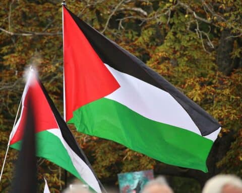 Palästinenser-Flaggen in einer Demonstration, reflektierend die rechtlichen Auseinandersetzungen um Meinungsfreiheit.