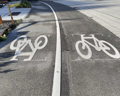 Eine verletzte Radfahrerin auf einem Fahrradweg, auf dem Bordstein abgestürzt.