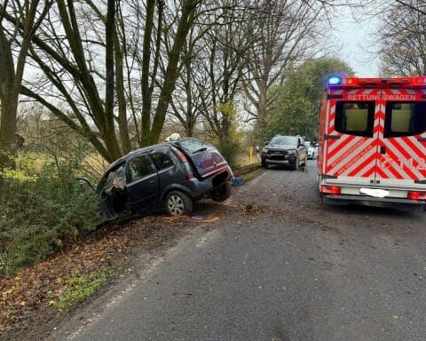 Bild eines schweren Verkehrsunfalls: Auto gegen Baum, Feuerwehr und Rettungseinsatz sichtbar.
