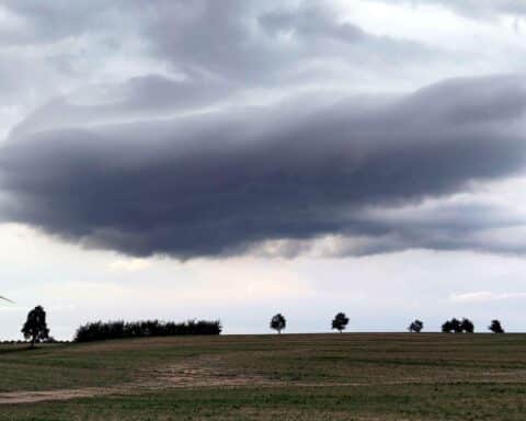 Dunkle Unwetterwolken über einem Acker, symbolisieren wechselhaftes und stürmisches Wetter.