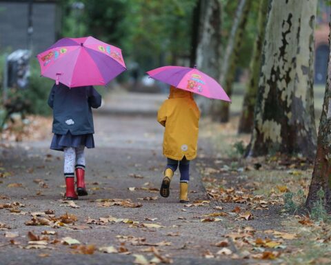 Zwei Kleinkinder spielen im Laub, herbstliche Farben und Wolkenstimmung im Hintergrund.