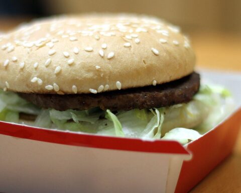 Burger auf einem Teller, symbolisiert Preisdiskussionen in der Gastronomie wegen Steuersenkung und Mindestlohn.