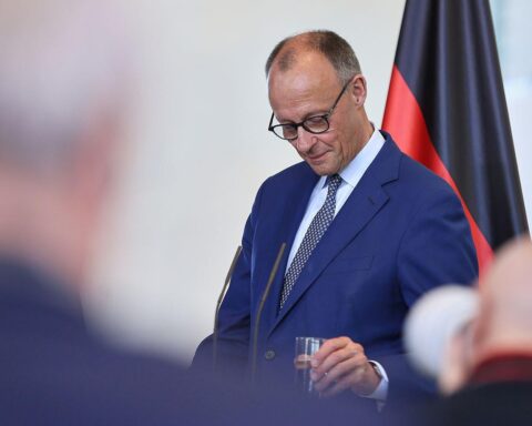Friedrich Merz mit Krawatte, die kleine Tiere zeigt, in formeller Pose.