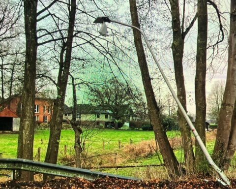 Unfallflucht: Beschädigte Straßenlaterne und grüner Lackabrieb auf K 219 zwischen Sothel und Hamersen.