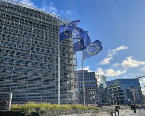 EU-Fahnen vor dem Hintergrund des Europaparlaments, symbolisieren den anstehenden Mercosur-Entscheidungsprozess.