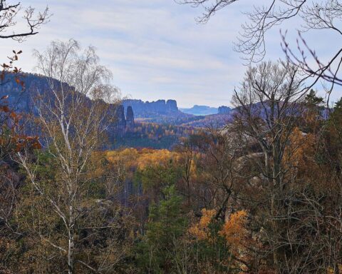 Helle Landschaft der Sächsischen Schweiz mit bewölktem Himmel und frischem, klaren Wetter.