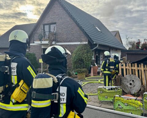 Ausgedehnter Zimmerbrand, Feuerwehr im Einsatz, starkes Rauch und Feuer, tragischer Verlust von Hunden.