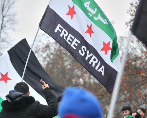 Demonstration in Schwerin gegen den Krieg in Syrien, mit Fahnen und Bannern.