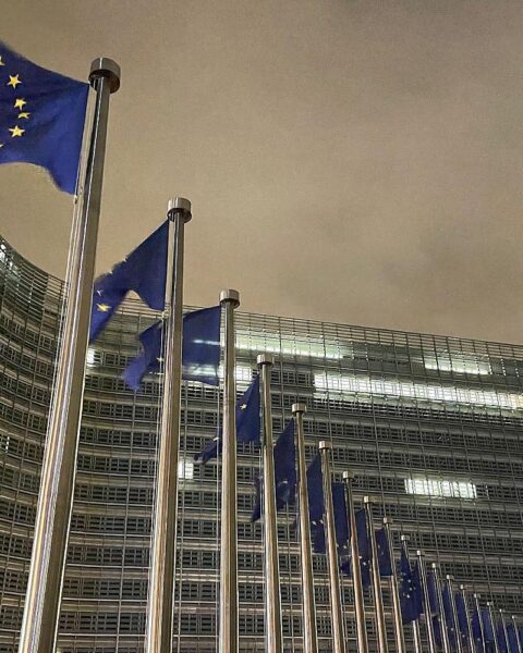 EU-Gebäude in Brüssel mit Symbolik für Handelsabkommen und internationale Zusammenarbeit.