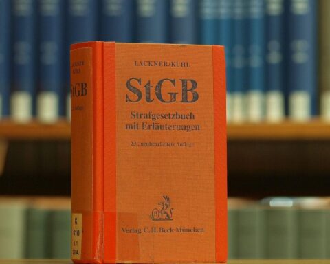 Das Bild zeigt das Strafgesetzbuch in einer Bibliothek, symbolisiert rechtliche Diskussionen zu Femizid.