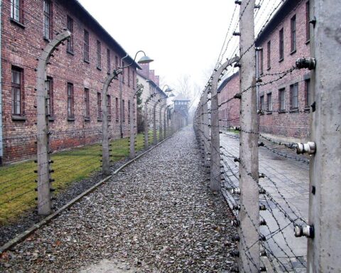 Gedenkstätte zum Holocaust mit Kerzen und Blumen, Symbol für Erinnerung und Respekt.