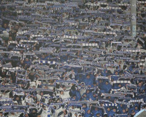Fans des 1. FC Magdeburg jubeln im Stadion beim Heimspiel gegen Hannover 96.