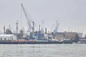 Hamburger Hafen mit Containerschiffen, symbolisiert internationale Lieferketten und wirtschaftliche Herausforderungen in der EU.