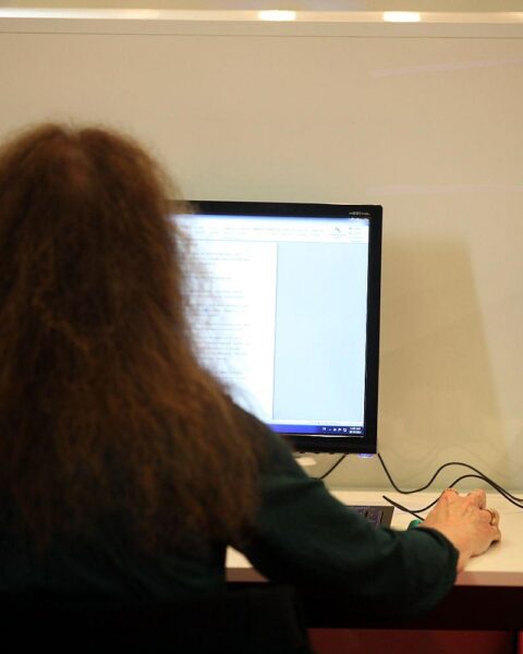 Grafik einer älteren Person am Computer, repräsentiert Internetnutzung und Offliner-Statistik in Deutschland.