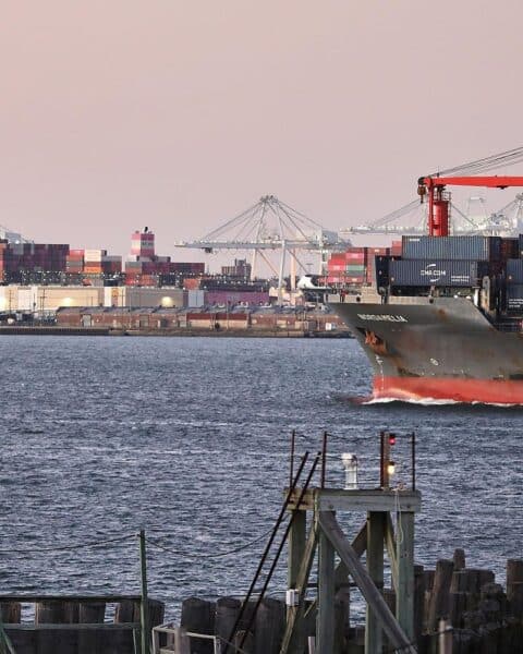 Industrieanlagen mit Export- und Importstatistiken, die den deutschen Außenhandel illustrieren.