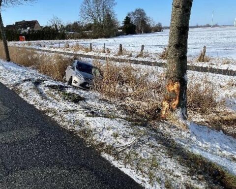 Schwerer Autounfall: Ford C-Max gegen Baum, Fahrer schwer verletzt, winterliche Straßenverhältnisse.