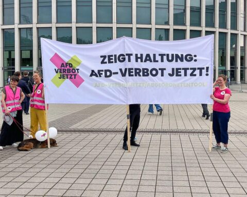 Protest gegen AfD-Verbot mit Menschenmengen, Plakaten und symbolischen Darstellungen von Demokratie.