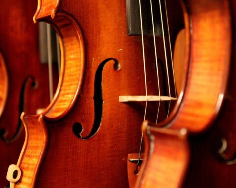 Geigen und Notenblätter symbolisieren die Herausforderungen freier Lehrkräfte an Musikschulen.