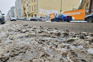 Wetterbericht für Berlin/Brandenburg (20.02.2026) Weißer Schneematsch auf dunkler Strasse, umgeben von kahlen Bäumen und grauem Himmel.