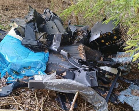 Illegale Müllentsorgung im Wald: abgelegter Audi A3, lila-violett, Gefährdung der Umwelt.