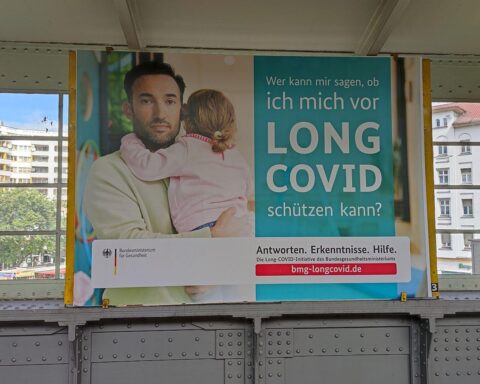 Kampagnenplakat zur Förderung von Forschung für Corona-Langzeitfolgen, Gesundheit und Betroffenenhilfe.