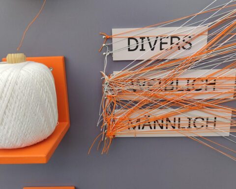 Eine bunte Wand mit verschiedenen Geschlechtersymbolen und dem Schriftzug "Selbstbestimmungsgesetz".