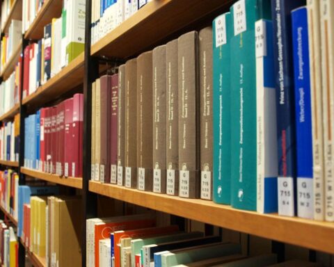 Bücherregale in einer Bibliothek, Symbol für Wissen und Forschung in Deutschland.