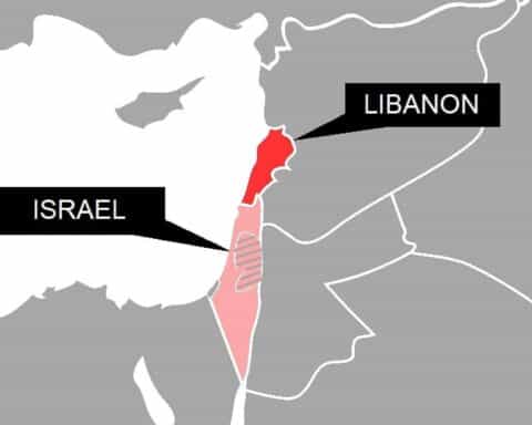 Karte von Israel und Libanon, symbolisiert Konflikt und Massenflucht der Bevölkerung.