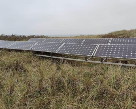 Solarzellen auf einem Dach, umgeben von Landschaft, symbolisieren den Anstieg erneuerbarer Energien in Deutschland.