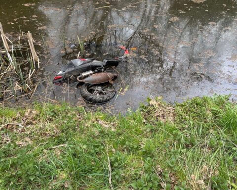 Ein Polizei-Volkswagen vor einem Teich mit einem alten Roller, Umweltschutz im Fokus.