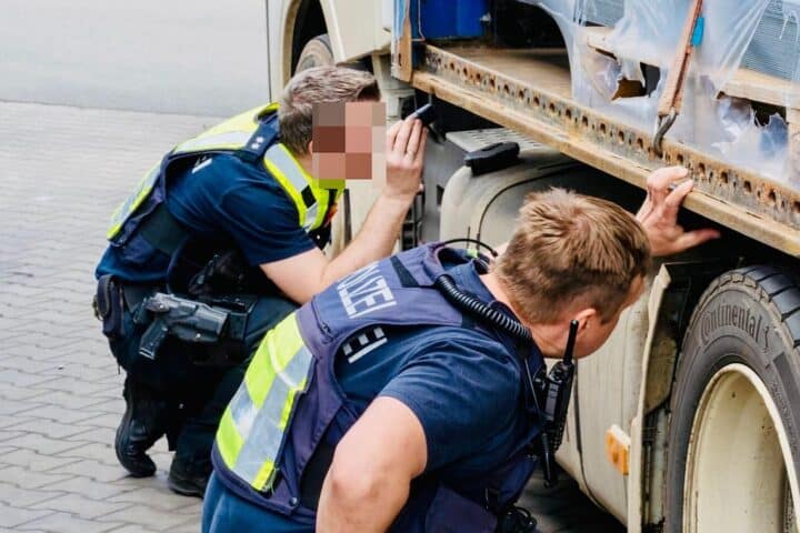 Polizei und Zoll kontrollieren Lastwagen auf Parkplatz, zeigen Verstöße im gewerblichen Verkehr auf.