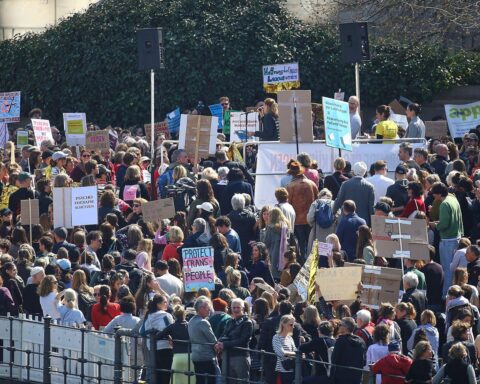 Hunderte Demonstranten protestieren vor dem Reichstag gegen Kürzungen im Gesundheitswesen.