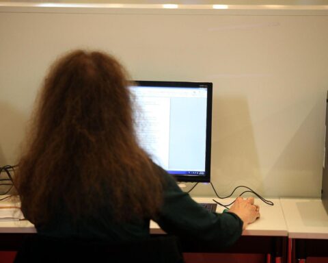 Grafik einer Nutzerin im Homeoffice mit Schreibtisch, Laptop und entspannter Atmosphäre.