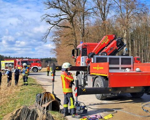 Pferd in Wasserbecken, Feuerwehr befreit es mit Tauchpumpen und Ladekran.