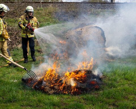 Feuerwehr löscht brennende Rundballen auf Streuobstwiese, Einsatzkräfte im Anzug, Flammen sichtbar.