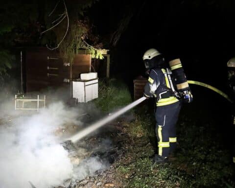Feuerwehr löscht Flächenbrand im Wald, verhindert Ausbreitung auf Gartenhütten und Umgebung.