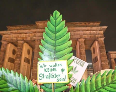 Demonstration für legale Cannabisnutzung am Brandenburger Tor; Aufruf zu Konsum- und Jugendschutz.