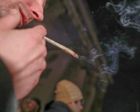 Demonstration für Cannabis-Legalität vor dem Brandenburger Tor mit Plakaten und Teilnehmern.