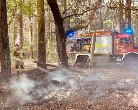 Brennendes Holz-Tipi im Wald, Feuerwehr im Einsatz zur Bekämpfung der Flammen.