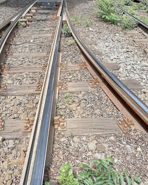 Bahnarbeiter bauen an Rail Baltica, während Sicherheitskräfte militärische Infrastruktur überwachen.