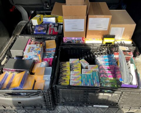 Ein Zollbeamter überprüft einen Kofferraum voller beschlagnahmter Pokémon-Karten im Grenzbereich.