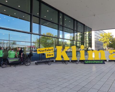 Protestierende für Klimaschutz, Transparente, grüne Farben, Hoffnung auf erneuerbare Energien, internationale Zusammenarbeit.