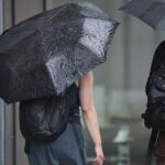 Nasser Regenschirm vor bewölktem Himmel, symbolisiert wechselhaftes Wetter mit Frost und Regen.