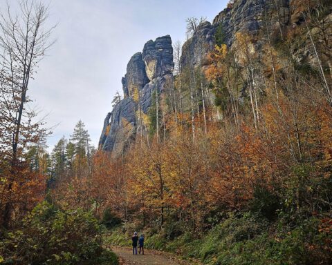 Frostiger Morgen mit Nebel über der Sächsischen Schweiz und Burg Wildenstein im Hintergrund.