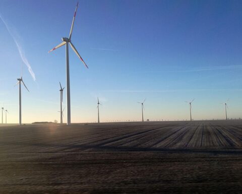 Windräder vor einem sonnigen Himmel, mit einem Hauch von Nebel in der Ferne.