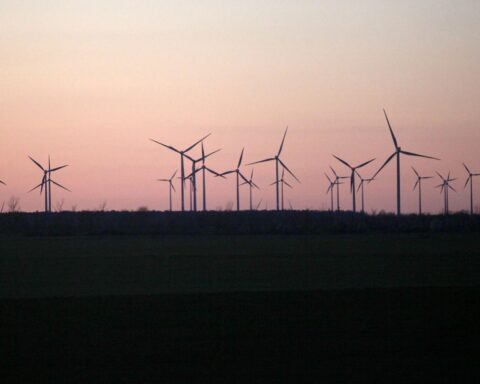 Sonnenstrahlen und Windräder unter blauem Himmel symbolisieren das milde Wetter in Thüringen.